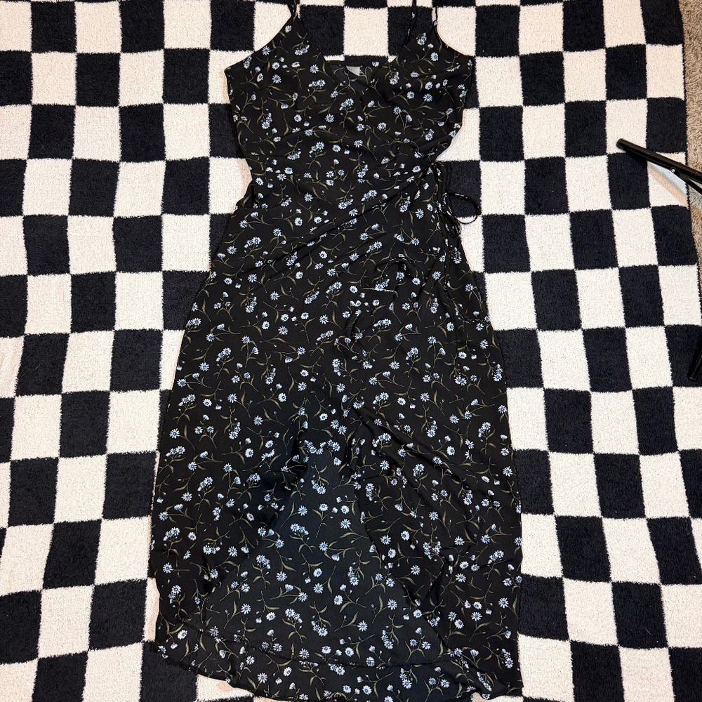 h&m divided black midi floral wrap sundress with high-low hem size 4